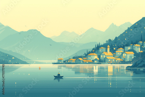 Serene Lakeside Village at Dawn with Lone Fisherman in a Boat – Vector Illustration