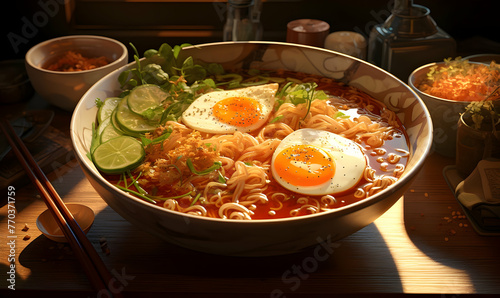 japanese ramen noodle with egg and kimchi