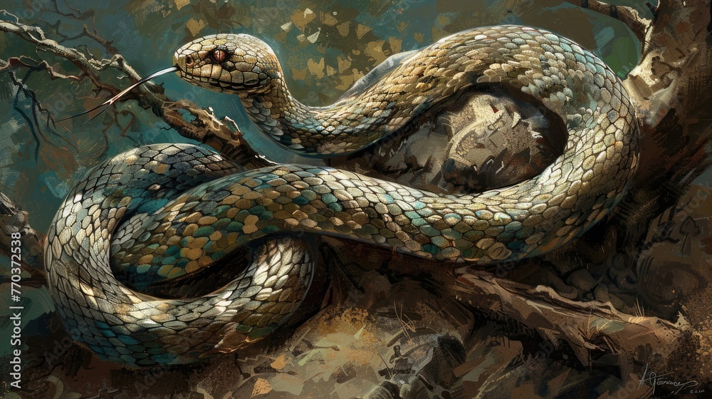 Illustrate the snake's elegant form as it coils itself around a branch or rock, its body sculpted with grace and beauty in the illustration. Illustrate the snake's elegant form as it coils itself around a branch or rock, its body sculpted with grace and beauty in the illustration.
