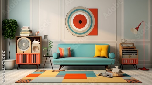 Retro style living room with hi-fi audio turntable. Colorful patterns