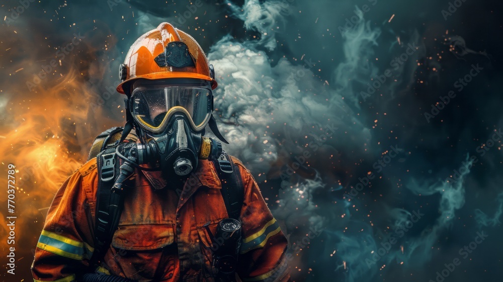 Obraz premium Close-up of fireman worker portrait. Emergency assistance, saving lives in a fire