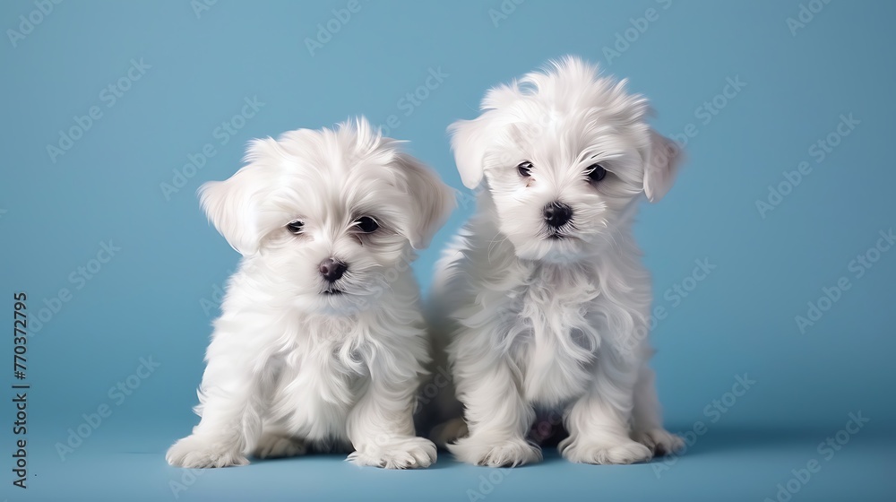 Charming little white doggies of the Maltez breed on in vogue blue background Charming little white doggies of the Maltez breed on in vogue blue background