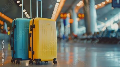 Two travel suitcases waiting in airport booking area, checking desks in background