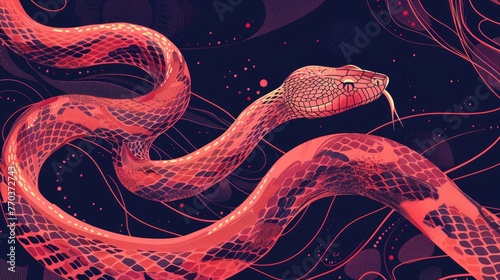 Capture the sinuous movement of the snake as it gracefully slithers across the illustration, its body twisting and turning with fluidity. photo