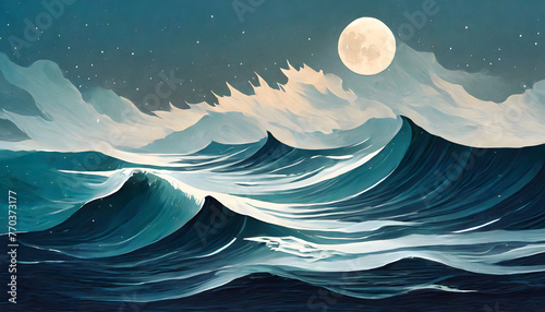 Ocean Waves in Moonlight. Generative AI.