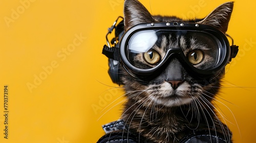 Close up of a feline in a tactical head protector on a yellow background photo