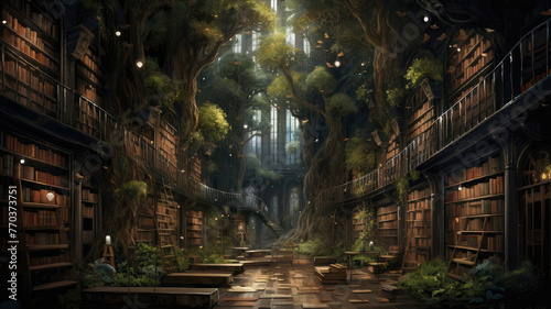 a painting of a library in the middle of a forest photo