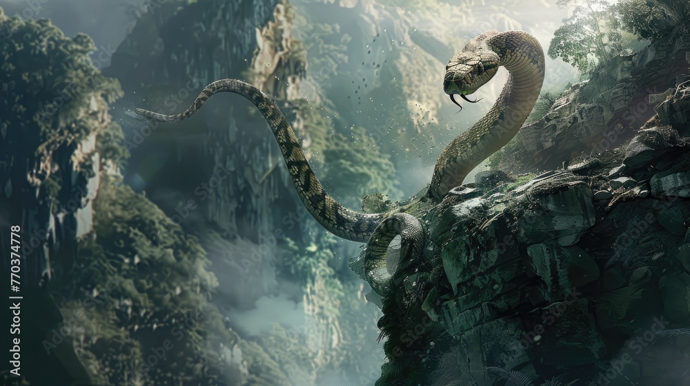 Describe the sense of danger and excitement as the snake navigates through a treacherous landscape, its movements calculated and precise in the illustration.