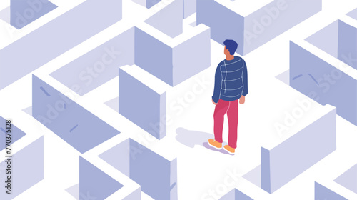 Man in maze isolated looking for way out. Concept of finding