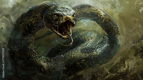 Specify the sense of power and strength conveyed by the snake's muscular form, dominating the composition of the illustration. photo