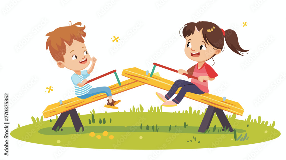 Cartoon kids playing on seesaw in the park Flat vector