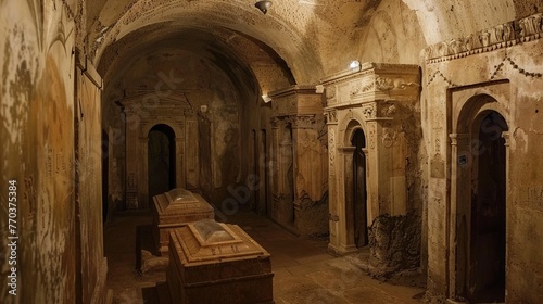 An eerie  underground crypt adorned with ancient coffins