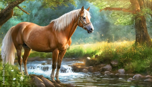 A realistic and detailed image of a beautiful, perfect Palomino horse standing beside  photo