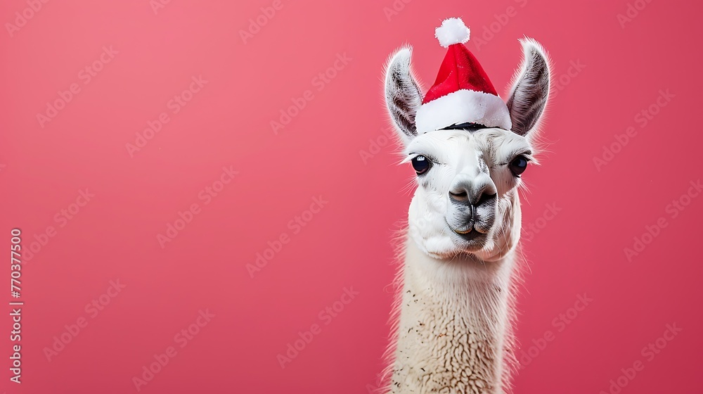 Fototapeta premium llama with a Christmas cap on a pink background