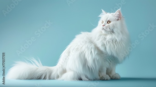 long haired fleecy white persian feline on plain blue background side ways view photo