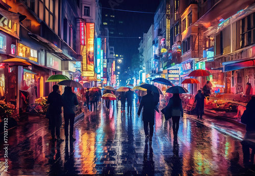 Busy city street at night with people walking in the rain under colorful neon reflections