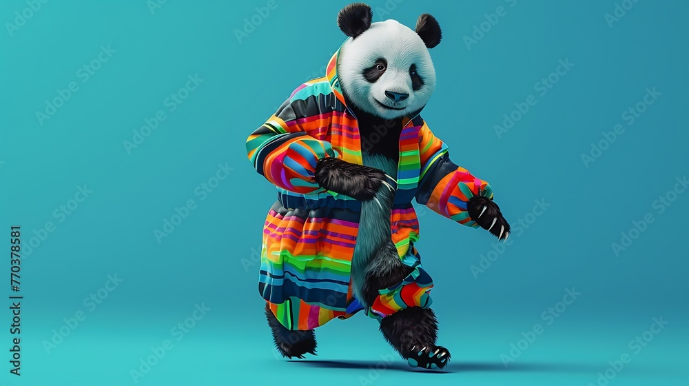 Panda wearing brilliant garments moving on the blue background