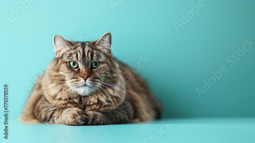 Overweight feline hoping to side on blue background