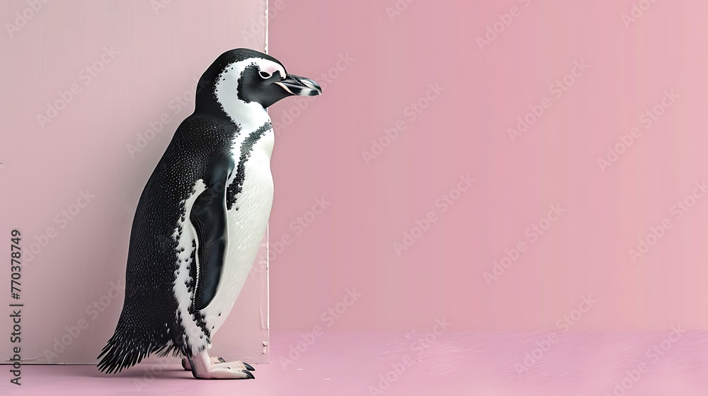 Obraz premium penguin looks around a corner a pink background