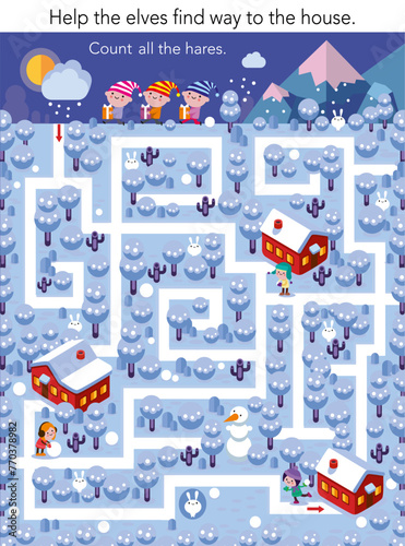 Educational maze game for children. Help elves find way. Count for kids. Christmas puzzle vector illustration.