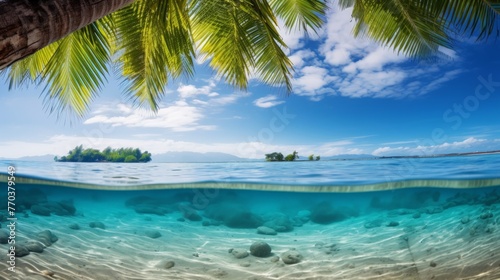 Tropical beach background with palm tree and azure sea 