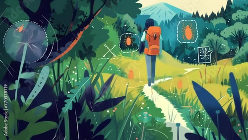 A graphic illustration shows a person hiking in the woods with labelled diagrams of various preventive measures such as wearing longsleeved . AI generation. photo