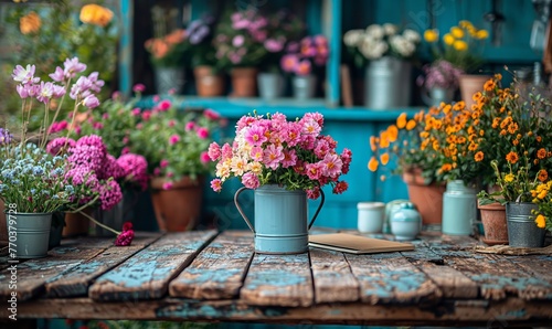 Wooden table on the terrace against a background of flowers.