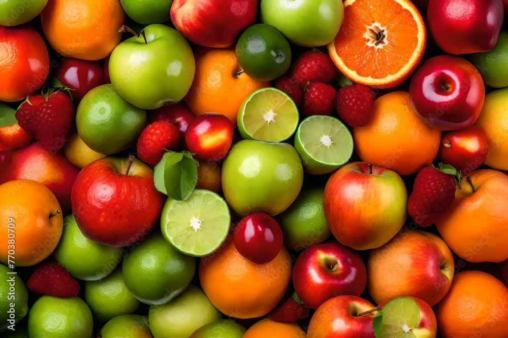 orange, green apple, lime, peach, red apple, white background orange, green apple, lime, peach, red apple, white background