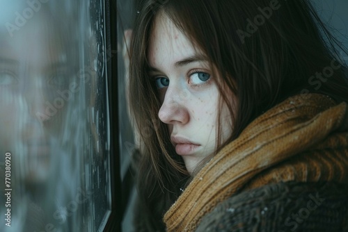Foto einer traurigen Frau mit Depressionen, leerer Blick  photo