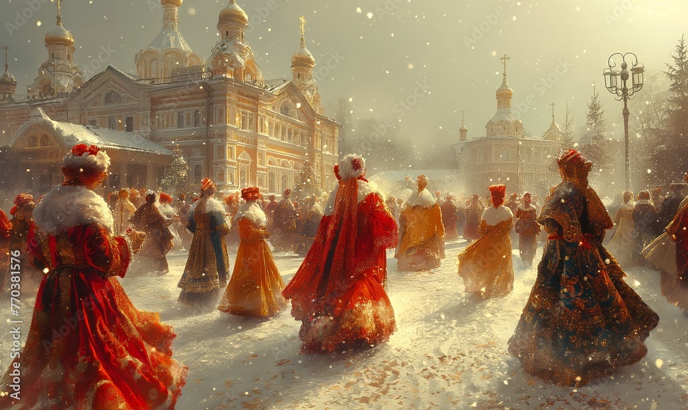 Naklejka premium Folk Slavic dances and festivities in winter.
