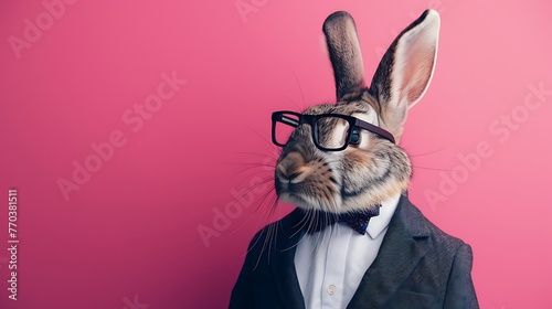 Snappy picture of spruced up rabbit wearing glasses and suit on energetic pink background photo