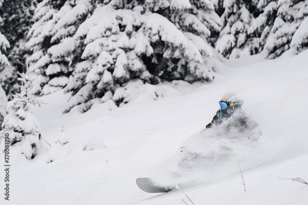 Snowboarder riding in deep snow and spraying powder Snowboarder riding in deep snow and spraying powder