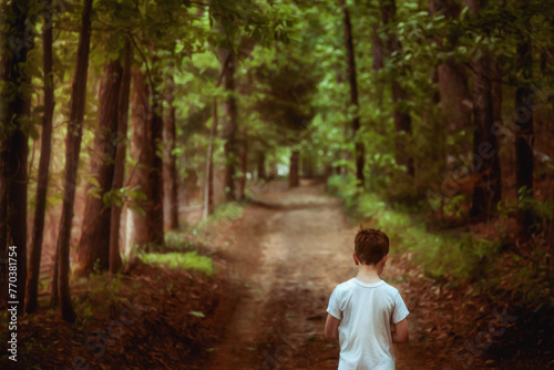 Boy walking along a wooded path with sunlight streaming in photo