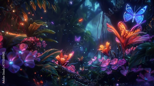 colorful fantasy forest foliage at night  glowing flowers and beautifuly magical fairies  bioluminescent fauna as wallpaper background