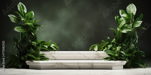 White marble podium with green leaves 