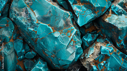 A close-up shot of vivid blue turquoise stones, highlighting the intricate natural patterns and rich coloration
