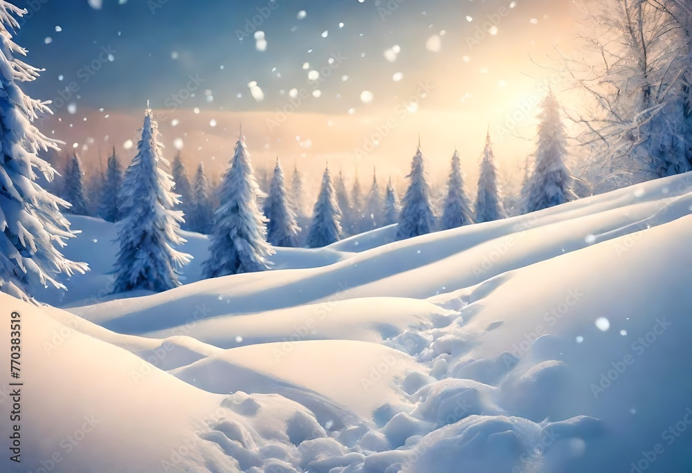 Winter snow background with snowdrifts, with beautiful light and snow flakes on the blue sky in the evening