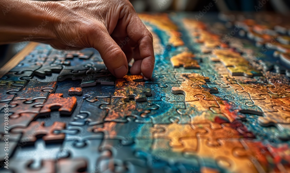 A hand collecting a puzzle on a table.