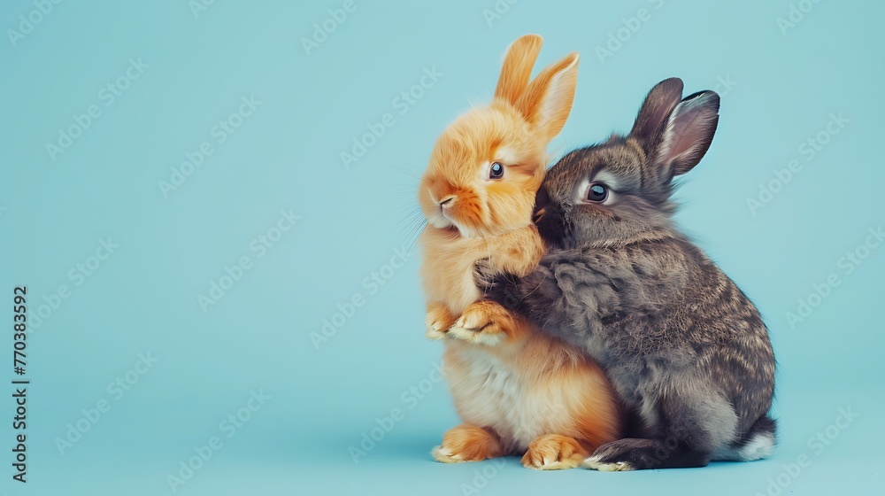 Two charming fleecy dark and orange rabbits embracing on a plain studio blue background Two charming fleecy dark and orange rabbits embracing on a plain studio blue background