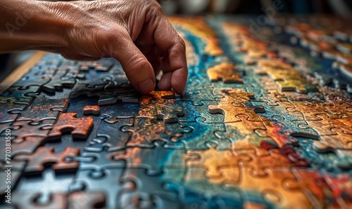 A hand collecting a puzzle on a table.