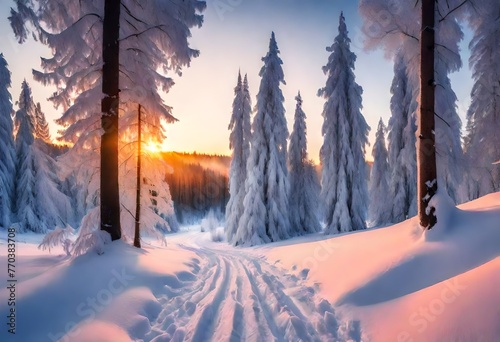 Winter snow background with snowdrifts, with beautiful light and snow flakes on the blue sky in the evening