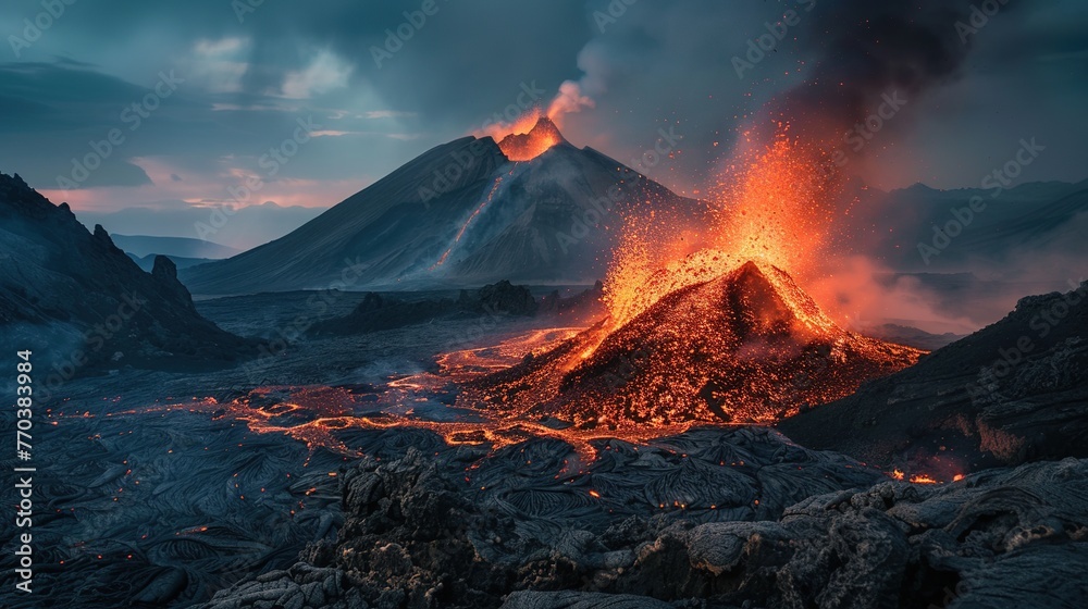 dark fantasy mountain landscape, fire in the hills, volcano eruption