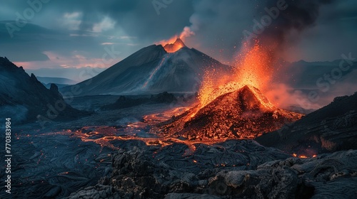 dark fantasy mountain landscape, fire in the hills, volcano eruption photo