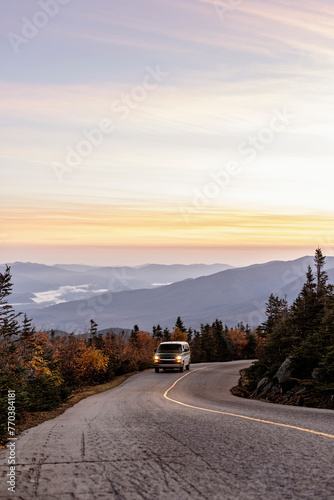 Automobile climbs Mount Washington auto road in fall, New Hampshire
