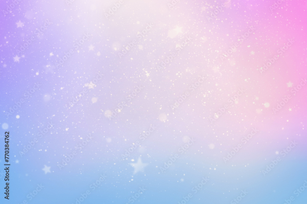 Pastel pink blurred background with glitter, bokeh and star shaped confetti. Festive background