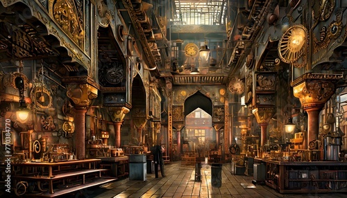 A marketplace scene set in a futuristic Middle Eastern bazaar. photo