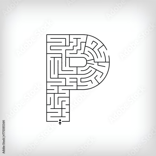 Unique linear letter P maze puzzle. Confusing game and educational activity set.