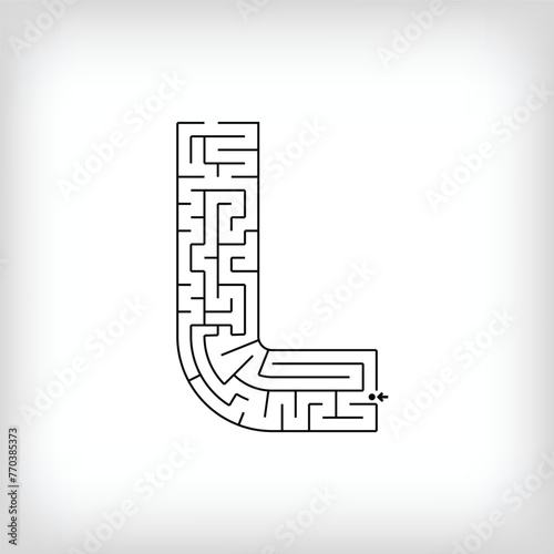 Unique linear letter L maze puzzle. Confusing game and educational activity set.