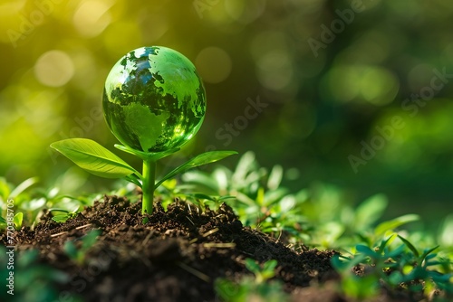 Green seedling with world globe on nature background, Environment conservation concept