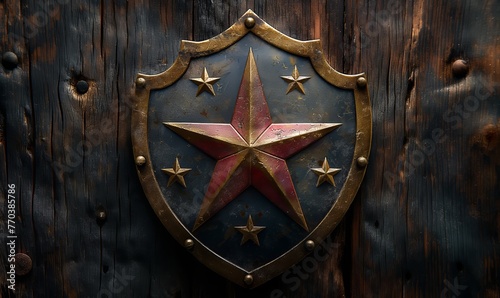 Shield decorated with stars on a wooden background.